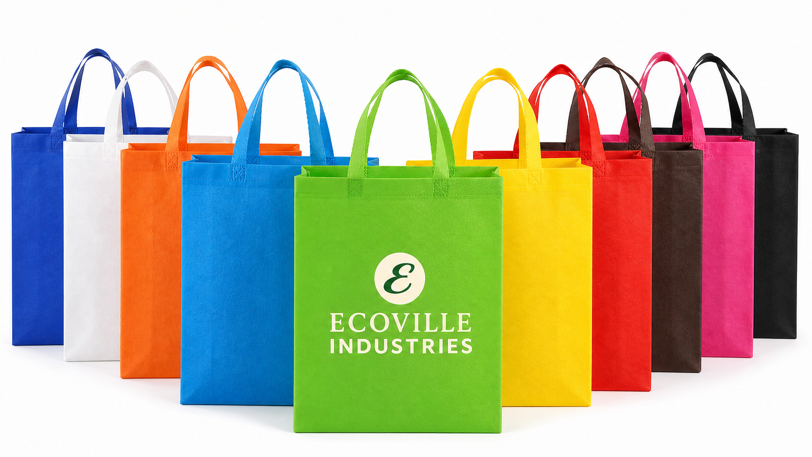 Colourful Ecoville branded loop-handle non-woven bags